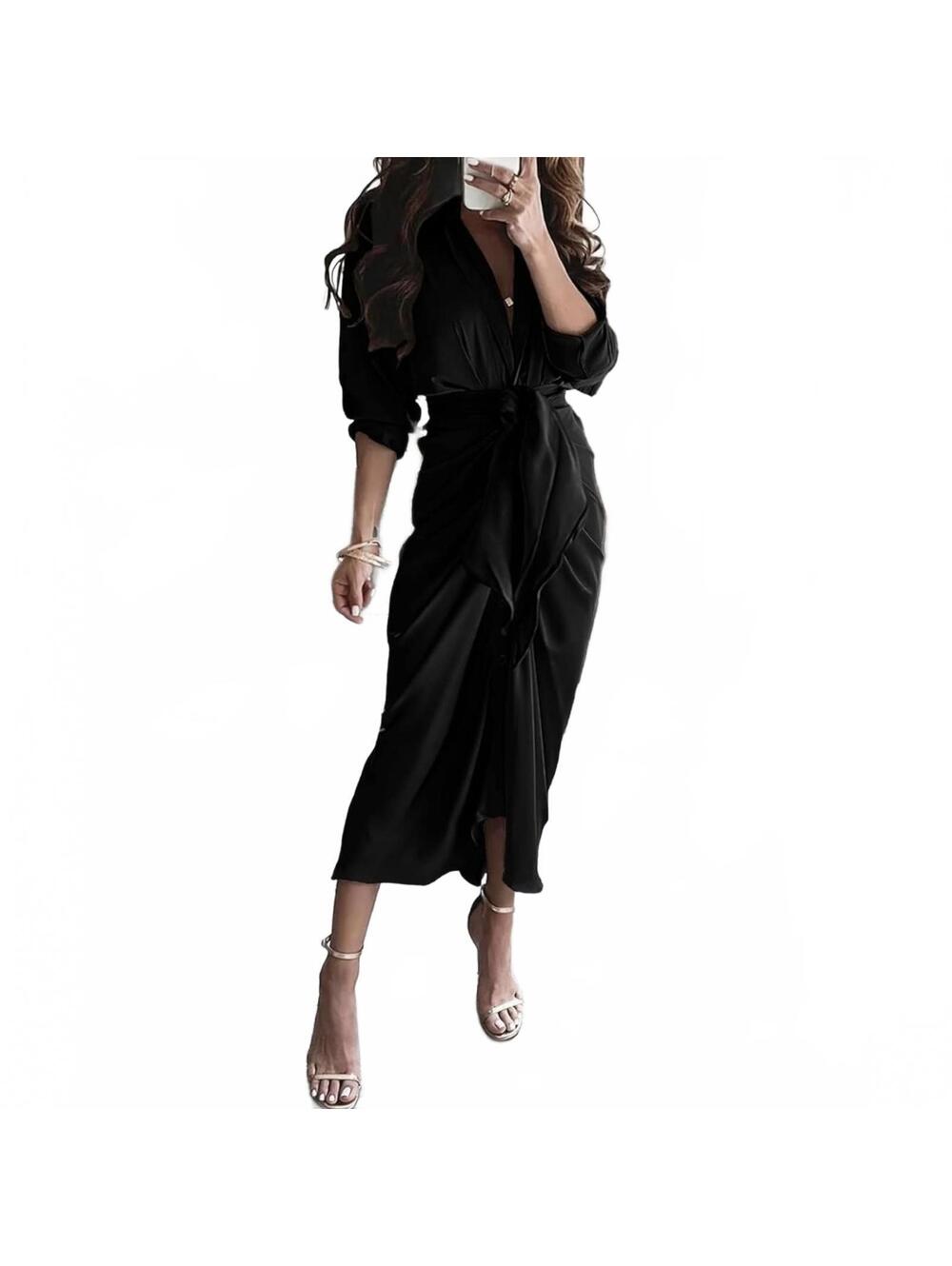 BTFBM Women’s Long Sleeve Button Down Belted Ruched Satin Dress Size XL